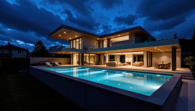 Modern luxury house with large illuminated swimming pool under a dramatic night sky.