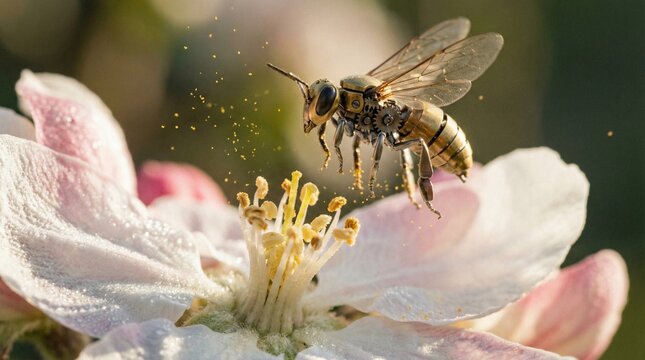 Mechanical Bionic Bee Pollinating a Pink Flower, Robotic Insect and Future Biodiversity Conservation Technology Concept.