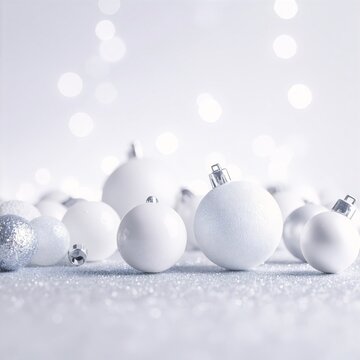 Elegant white Christmas balls with subtle patterns rest on shimmering silver backgrounds against a soft, light backdrop