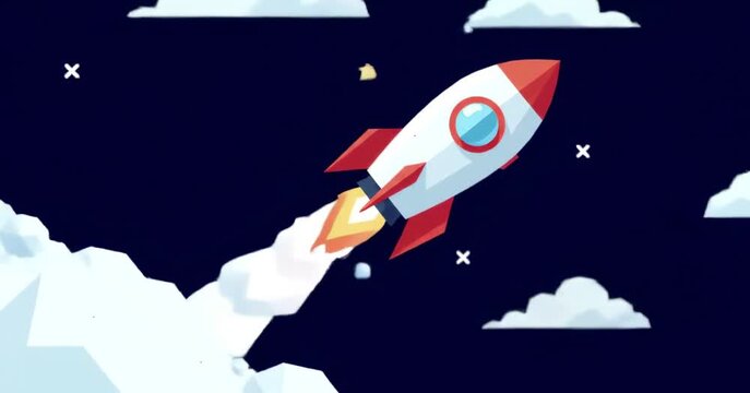 White rocket with red fins ascends through clouds