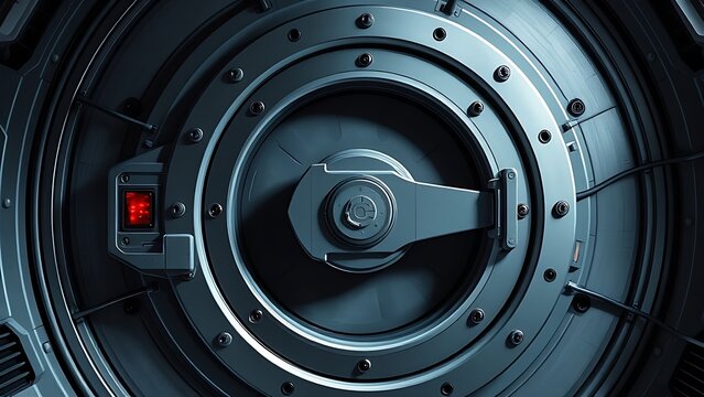 rotational. A large circular metal hatch on a spacecraft bulkhead with a red warning light and handle. product launch decks, UI/UX mockups, designed for product launches and innovation pitches.