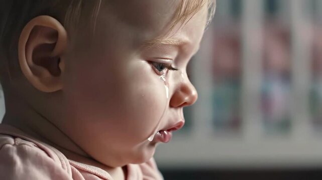 Profile baby face shedding single tear, moody sidelight and tear track on cheek, reflective gaze toward blurred crib bars, hushed nursery atmosphere, gentle skin detail, emotional stillness