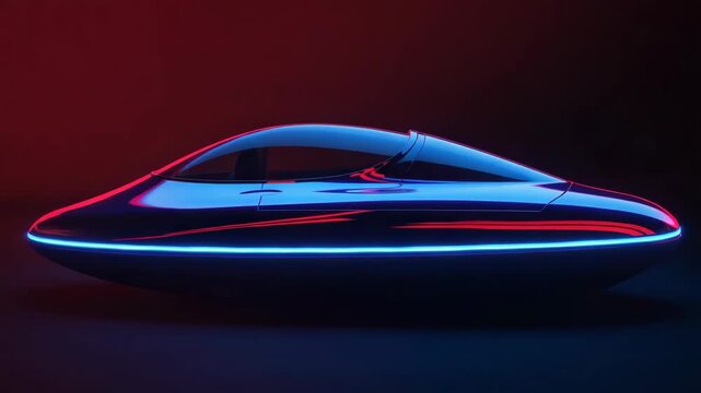 Futuristic hovercraft vehicle neon blue and red lighting sleek aerodynamic cockpit glossy hull