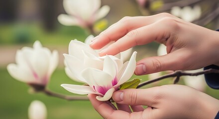 Fototapeta premium Hands gently touching a beautiful white magnolia flower in bloom