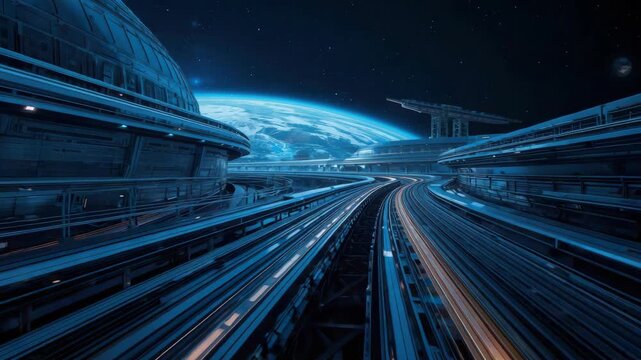 Futuristic space transit track with curved glowing rails toward blue planet horizon sci fi
