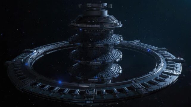 Futuristic rotating space station ring habitat with central hub, illuminated docking ring and cold