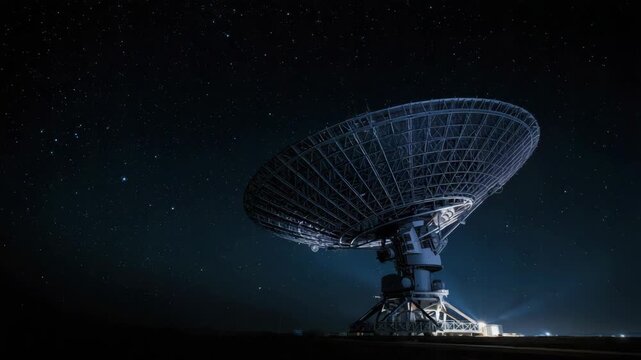 Large radio telescope satellite dish starry night sky and starfield observatory with cool blue