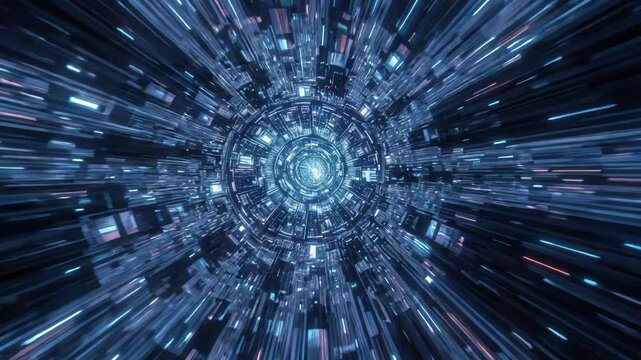 Futuristic tunnel of glowing blue data stream convergence around luminous cybernetic core