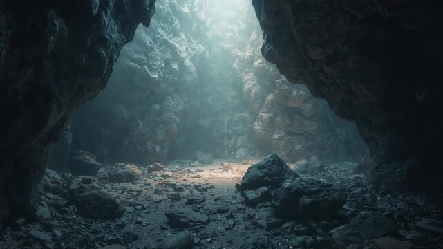 Sunlit cavern interior with rocky floor, mossy boulders and beam of sunlight illuminating stones