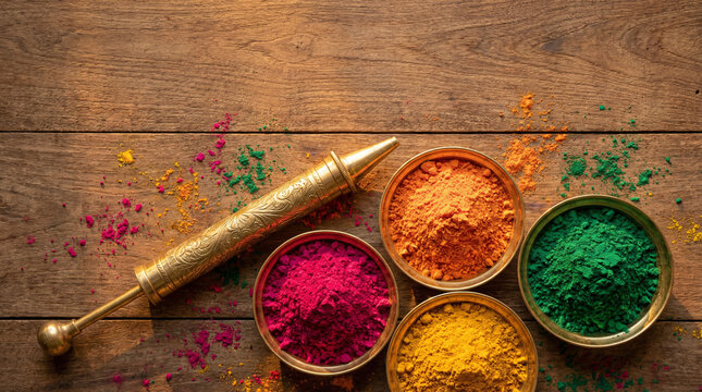 Top view flat lay of traditional brass pichkari (water gun) placed beside vibrant Holi powders in round metal bowls