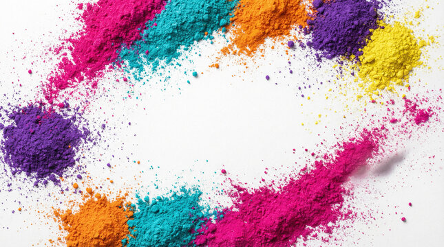 Top-down flat lay of bright Holi powders artistically arranged in soft splash patterns on pure white background