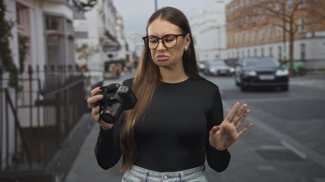 Woman holding a dslr camera, palm raised in a stop gesture on a street with cars and buildings, wearing glasses and black top; disgust.