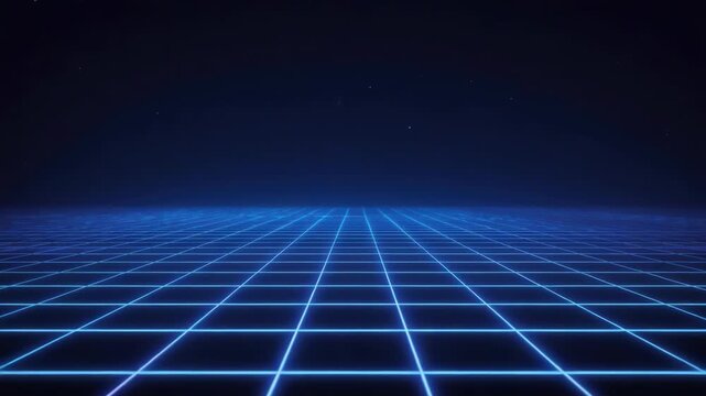 Neon grid horizon glowing blue and purple lines retro futuristic landscape evokes nostalgia and mood
