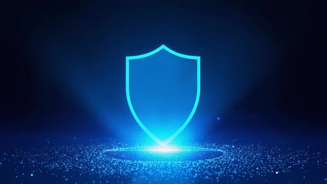 Glowing blue shield hologram over particle field conveying digital security and protection shield