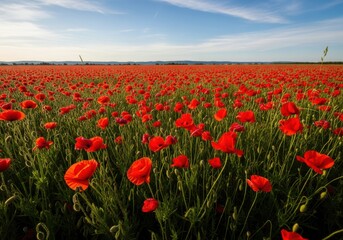 Fototapeta premium Vast field of vivid red blossoms stretches toward the distant horizon under a bright sky