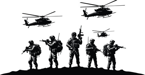 Set of black military soldier silhouettes standing on ridge with helicopters flying in sky for army tactical combat mission icons © MSTJAHERA