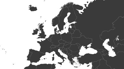 Detailed Political Map of Europe with Country Borders. Clean Grayscale Design, Ideal for Presentations, Education, and Geographical Analysis. © dita