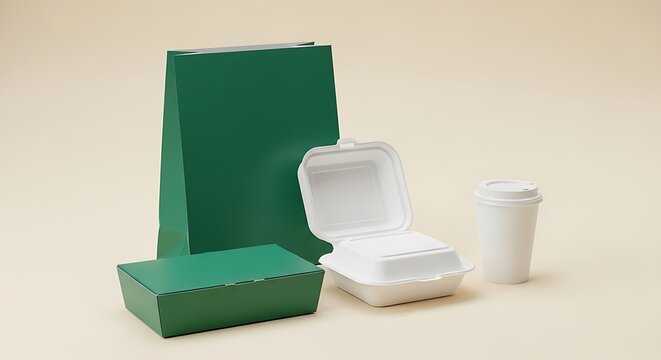Eco-Friendly Food Packaging - Green Paper Bag, Boxes, and Cups for Takeout.