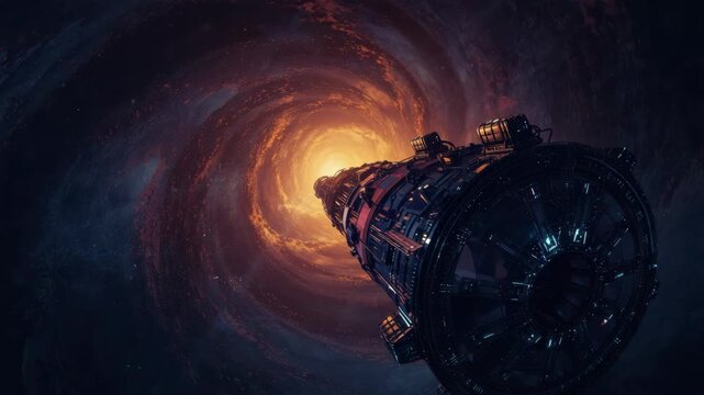 Futuristic spaceship and deep space spacecraft approaching glowing wormhole vortex vast galaxy