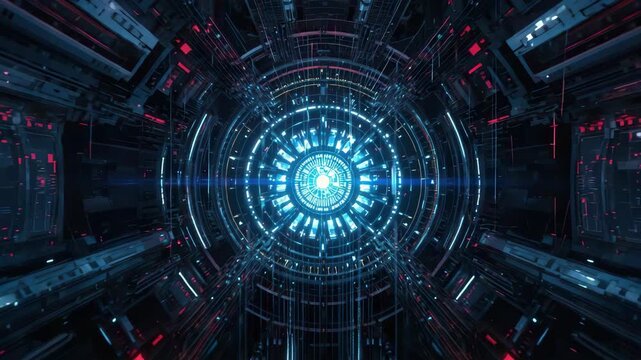 Futuristic reactor core circuitry glowing blue technology with dramatic sci‑fi chamber lighting