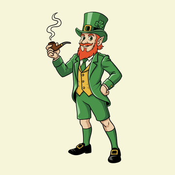 Irish Leprechaun Mascot in Green Outfit with Shamrock Hat and Smoking Pipe Illustration