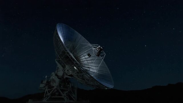 Large radio telescope dish starry night sky with glowing metal surface and quiet astronomy scene