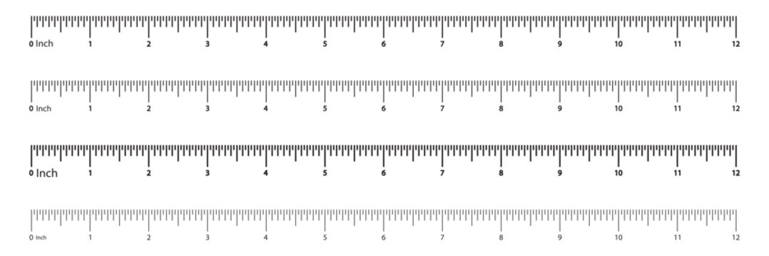 Ruler scales 1to 10, 12 centimeters, inches markup, numbers. Measuring sticks. Distance, height, length measurement, sewing tool black mockup. Measuring chart, metric, imperial units icon template.