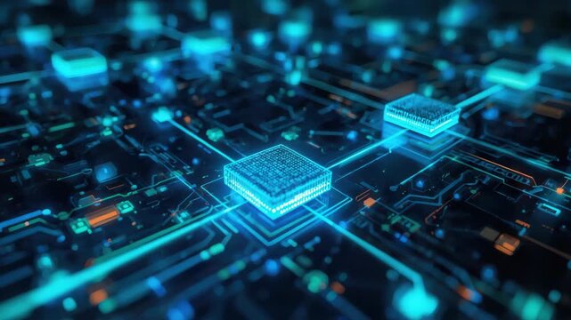 Glowing microchip circuit board with neon blue traces conveying futuristic technology glowing