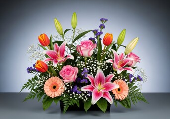 Obraz premium Mixed floral arrangement showcases vibrant lilies, roses, tulips, and daisies against a subtle gradient background.