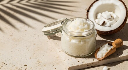 A natural coconut hand scrub in a glass jar with fresh coconut and a scoop, representing a tropical skincare self-care concept