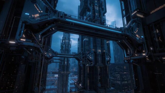 Futuristic cityscape skybridge tower skyscraper cyberpunk illuminated skybridges towering