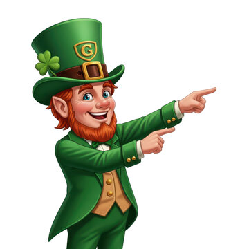 Cheerful leprechaun pointing towards the viewer with a festive green hat