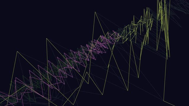 Abstract fractal line art displaying a sharp upward trend with sharp zig-zag formations in purple and yellow hues against a dark backdrop