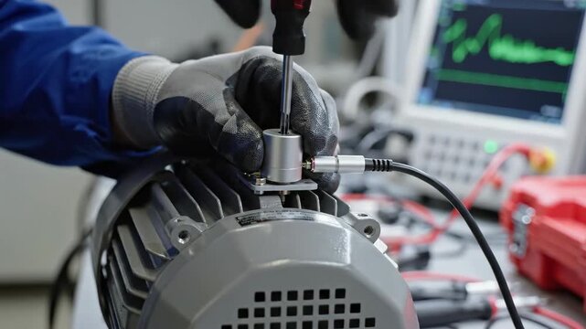 Technician installing a sensor on an electric motor housing with a screwdriver monitoring data