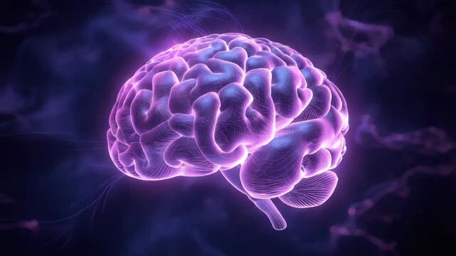 Glowing purple brain neural network neuron cortex cerebrum cerebellum futuristic neuroscience