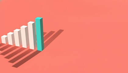 Growth, Success, Business, Graph, Progress, Chart, Concept 3D bar chart with rising white columns and a teal bar on coral background for financial data visualization and achievement.