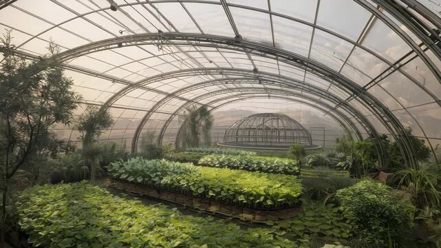 Greenhouse arched structure glass roof vegetable bed leafy plant indoor garden tranquil morning