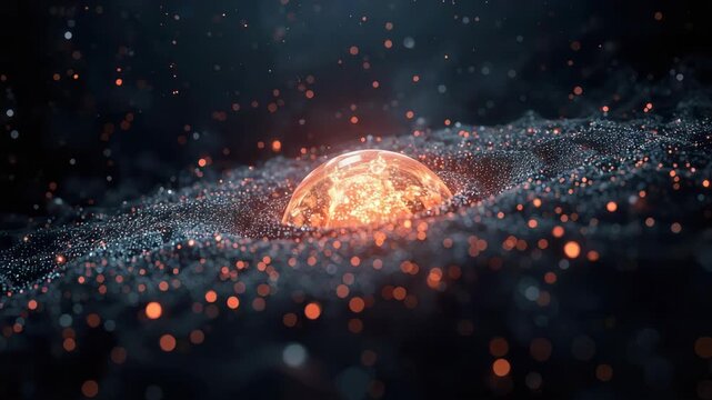Glowing orange orb emerging and resting textured dark surface with sparkling particles and soft