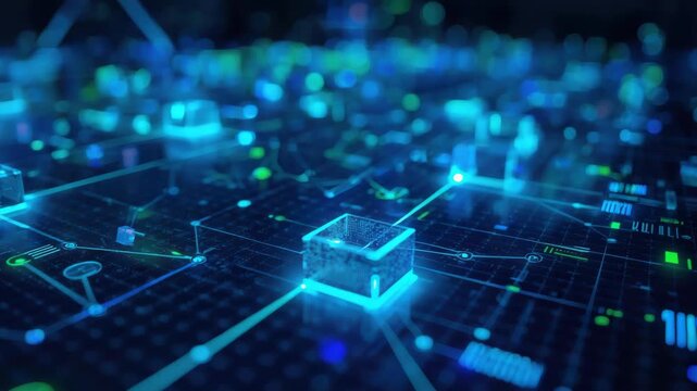 Digital network cube nodes connected by glowing circuit lines neon blue conveying secure data flow
