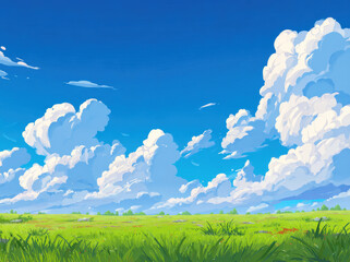 Obraz premium Vibrant blue sky filled with fluffy white clouds stretches over lush green grassland, creating serene and peaceful landscape. scene evokes sense of tranquility and beauty in nature