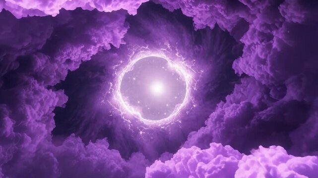 Radiant mystical purple vortex with glowing energy core and swirling cloud swirl radiating wonder