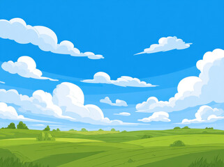 Obraz premium Vibrant vector illustration of green meadow under bright blue sky filled with fluffy white clouds, creating serene and peaceful atmosphere