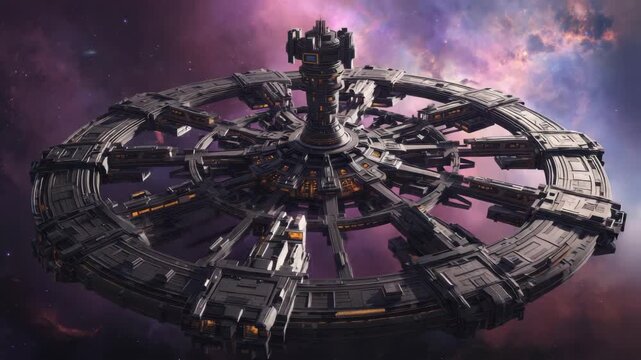 Futuristic rotating space station ring with illuminated bays, docking modules and glowing windows