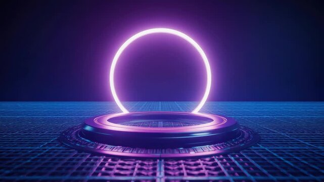 Neon portal ring above futuristic platform with glowing purple blue grid floor and oval ambient