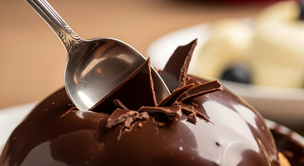 Chocolate dessert with spoon on top of a shiny chocolate sphere decoration