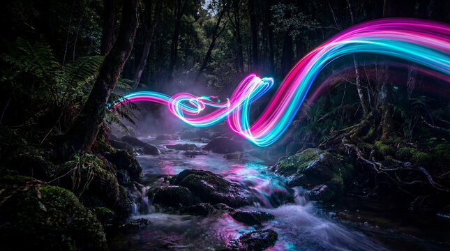 Vibrant light trails flowing over a rocky stream in a lush forest.