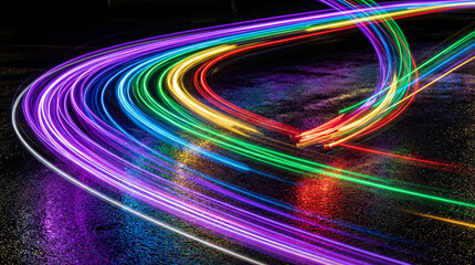 Vibrant rainbow light trails curving across wet asphalt at night, reflecting streetlights and creating a futuristic cityscape. © Talia