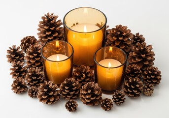 Three burning candles illuminate a gathering of natural brown pinecones on a bright surface