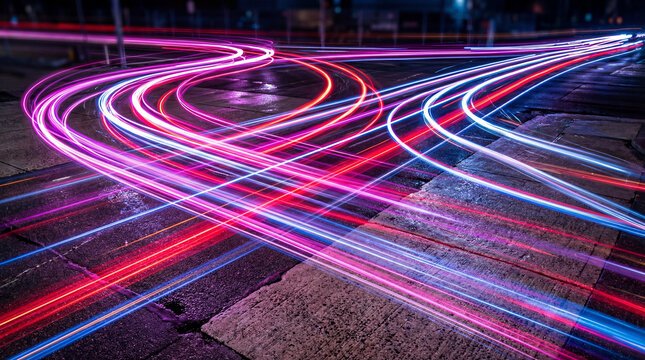 Captivating light trails on a wet city street at night, showcasing vibrant red and blue streaks of car headlights and taillights creating a sense of speed and movement.
