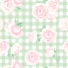 ギンガムチェック柄にピンクのバラのレトロなシームレスパターン